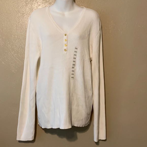 Anne Klein Sweaters - #33 Anne Klein size XXL ribbed Henley Camellia knit sweater faux gold buttons